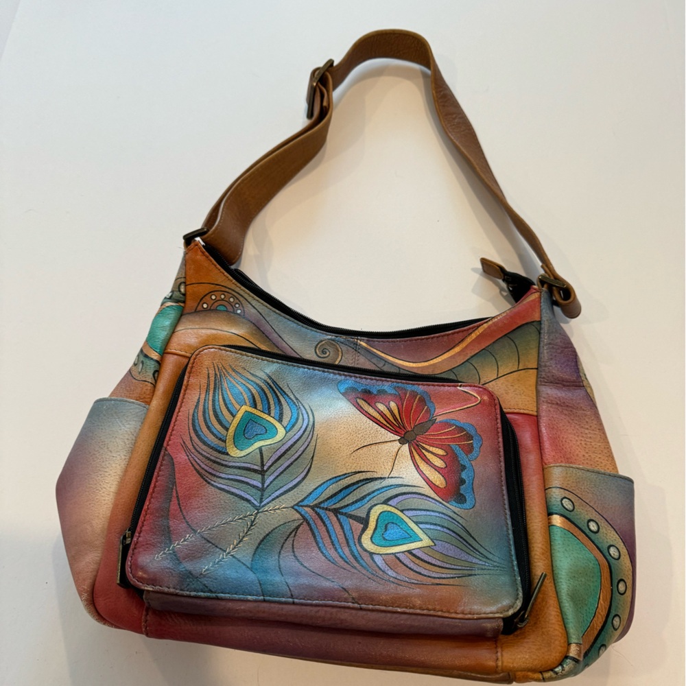 Anna Anuschka handbag Butterflies and peacock feathers. front wallet type pocket